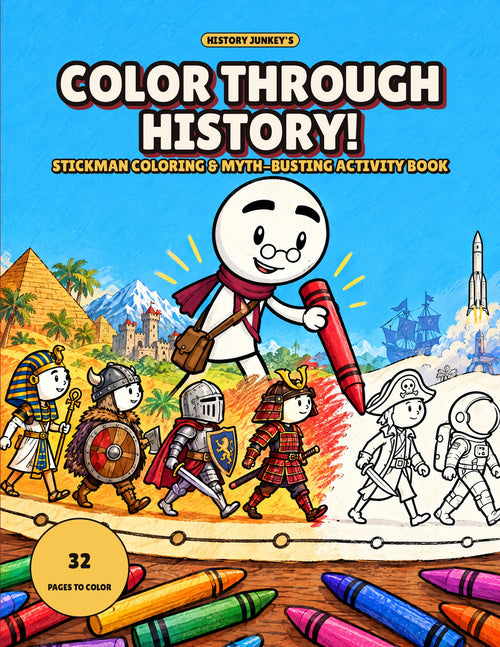 Color Through History! front cover — stickman coloring and myth-busting activity book