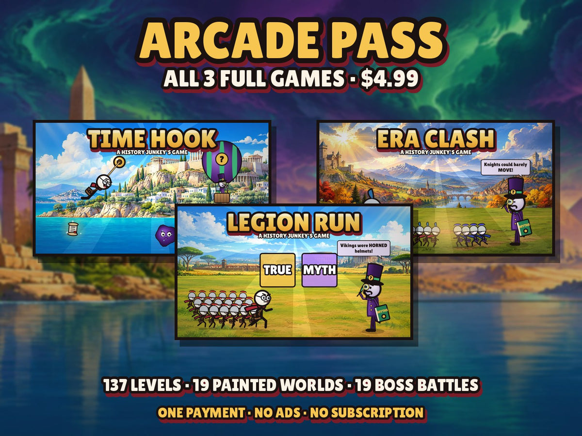 Arcade Pass: all 3 full History Junkey's games, Time Hook, Legion Run and Era Clash, for $4.99