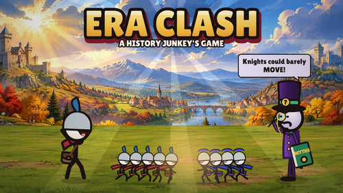 Era Clash: the History Junkey's knights face the Mythmaker's army in a medieval valley