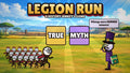 Legion Run: the History Junkey leads a Roman legion toward the TRUE and MYTH gates as the Mythmaker taunts