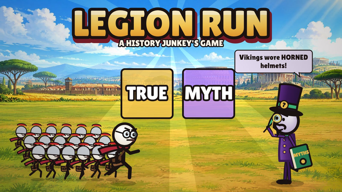 Legion Run: the History Junkey leads a Roman legion toward the TRUE and MYTH gates as the Mythmaker taunts