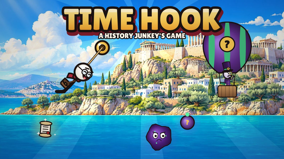 Time Hook: the History Junkey swings over Ancient Greece while the Mythmaker drops ink bombs from his balloon